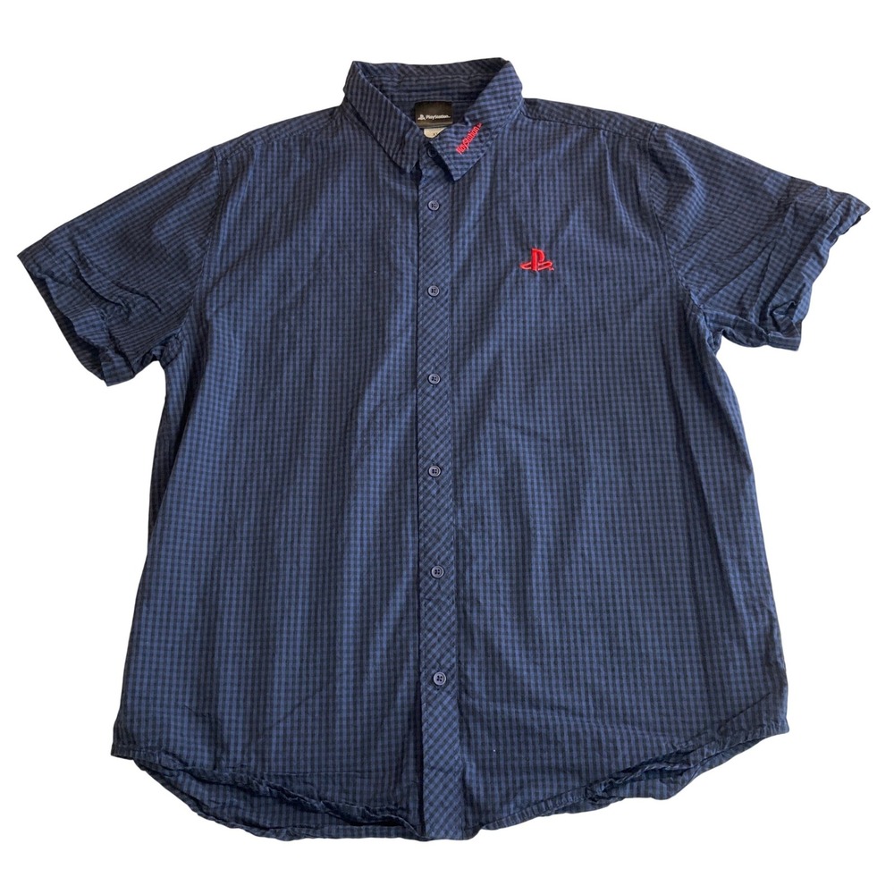 PlayStation Mens XL Navy Blue Gingham Check Short Sleeve Button Down Shirt Logo